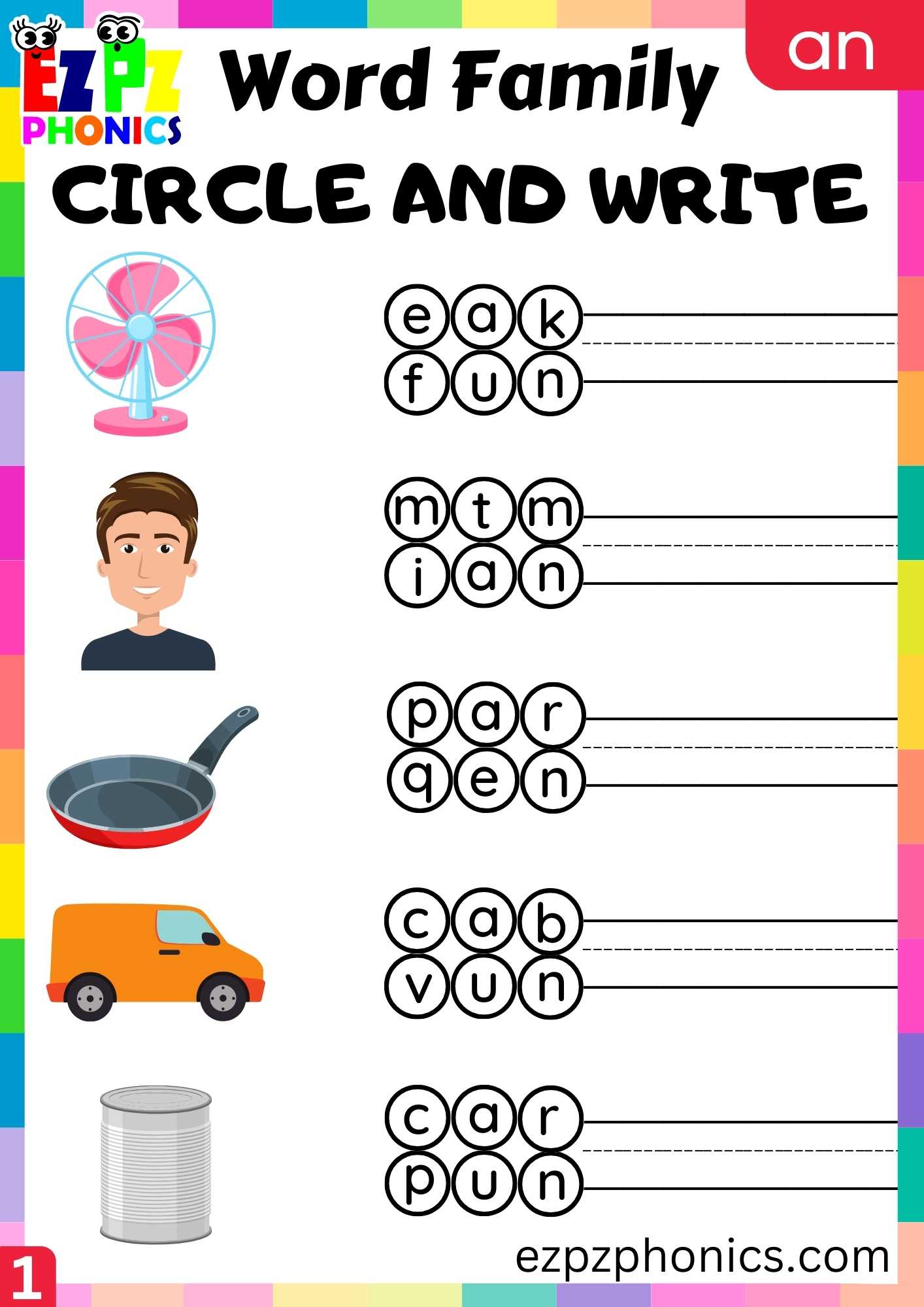 AN Words Circle And Write Phonics Word Families Worksheet